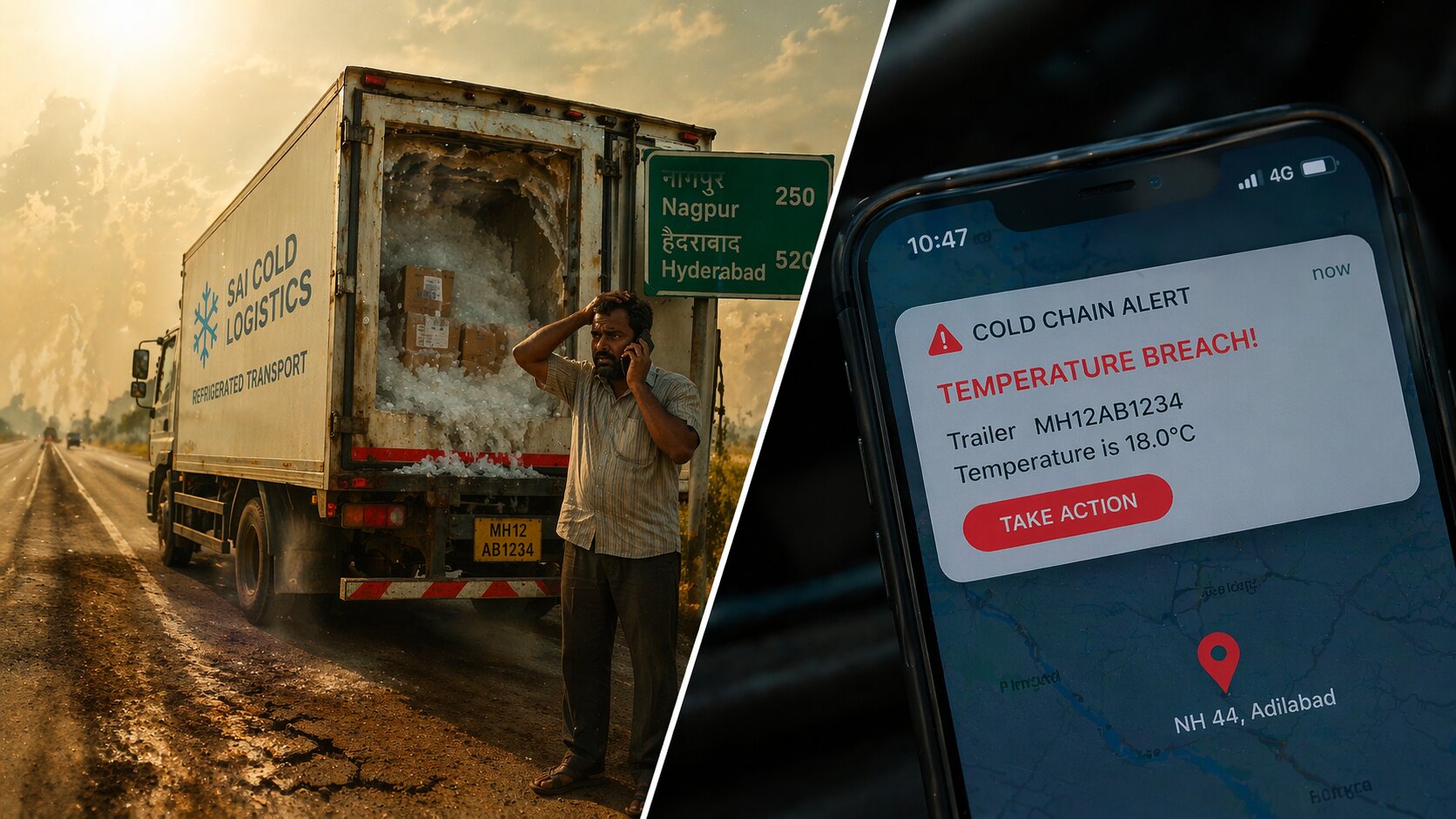 Refrigerated truck breakdown causing temperature excursion with real-time cold chain alert at 18°C on smartphone