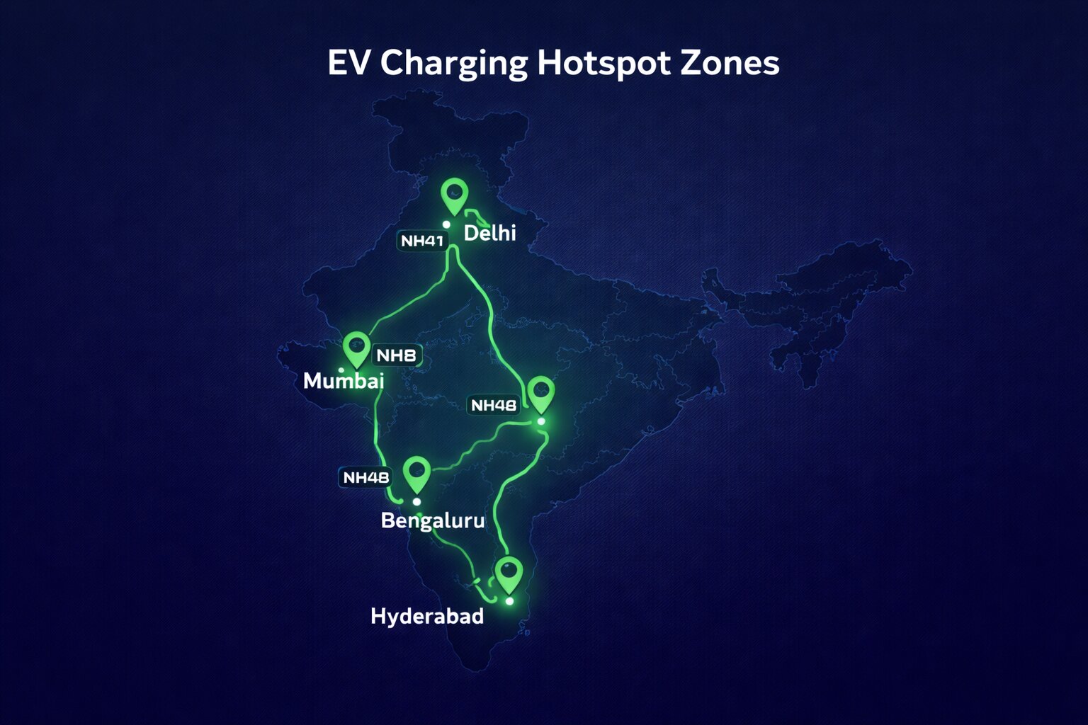 India EV charging hotspot map showing key metro cities, national highways and major electric vehicle charging corridors