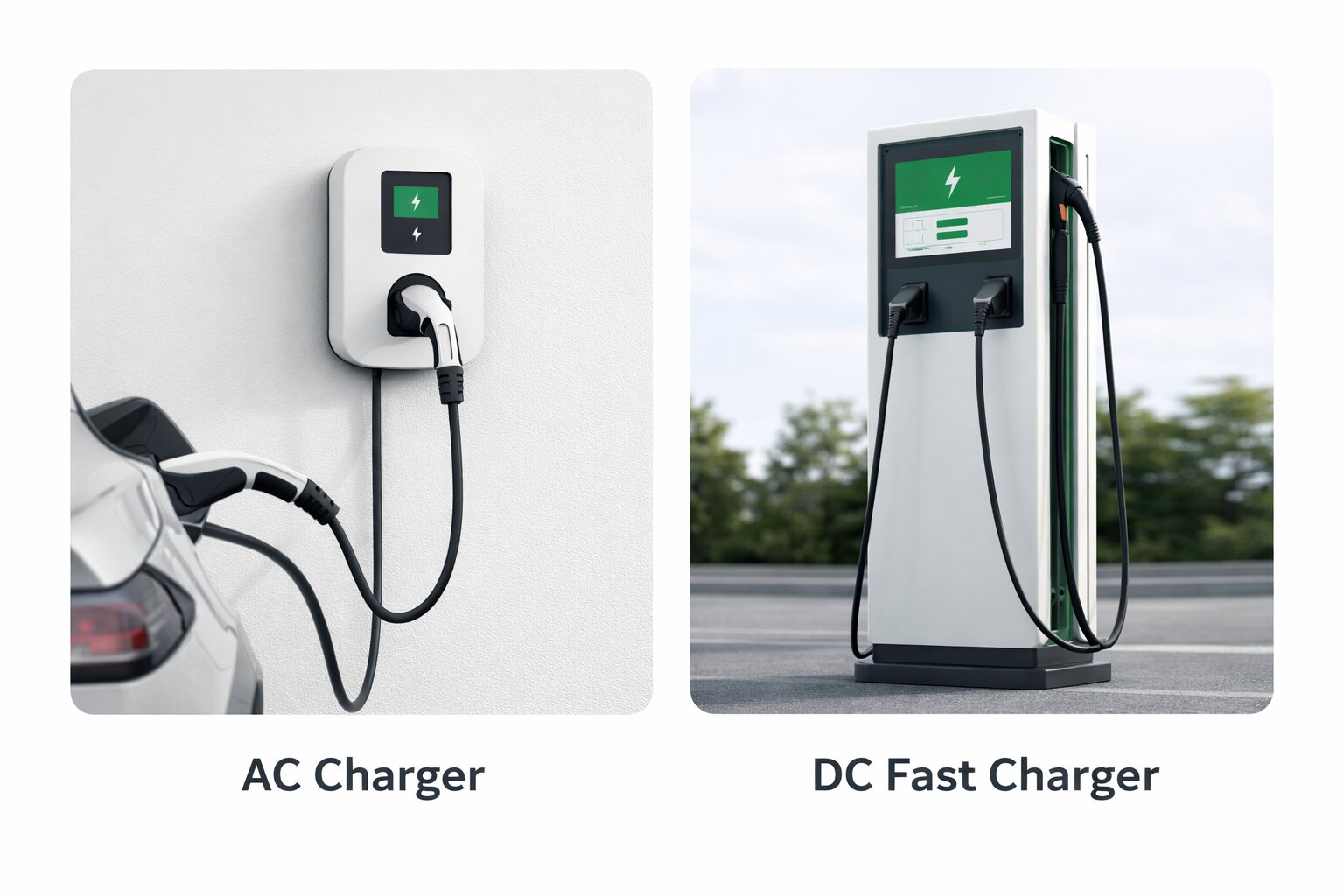 AC charger vs DC fast charger comparison showing home wall-mounted EV charger and commercial outdoor fast charging station