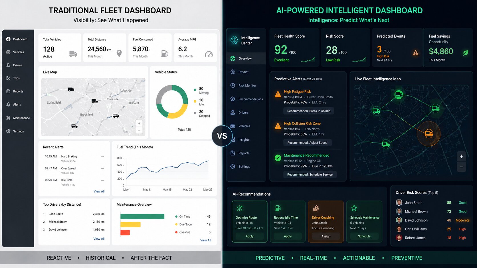 Traditional vs AI-powered fleet dashboard comparison with predictive insights