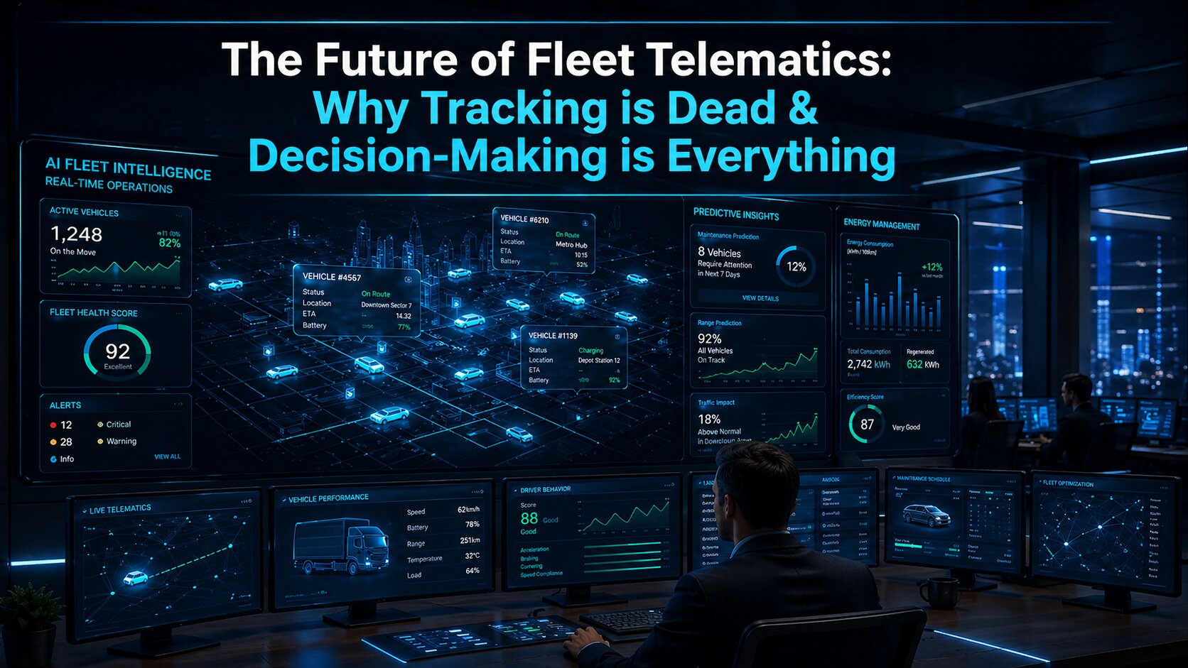 AI fleet control center with real-time telematics dashboards and predictive analytics