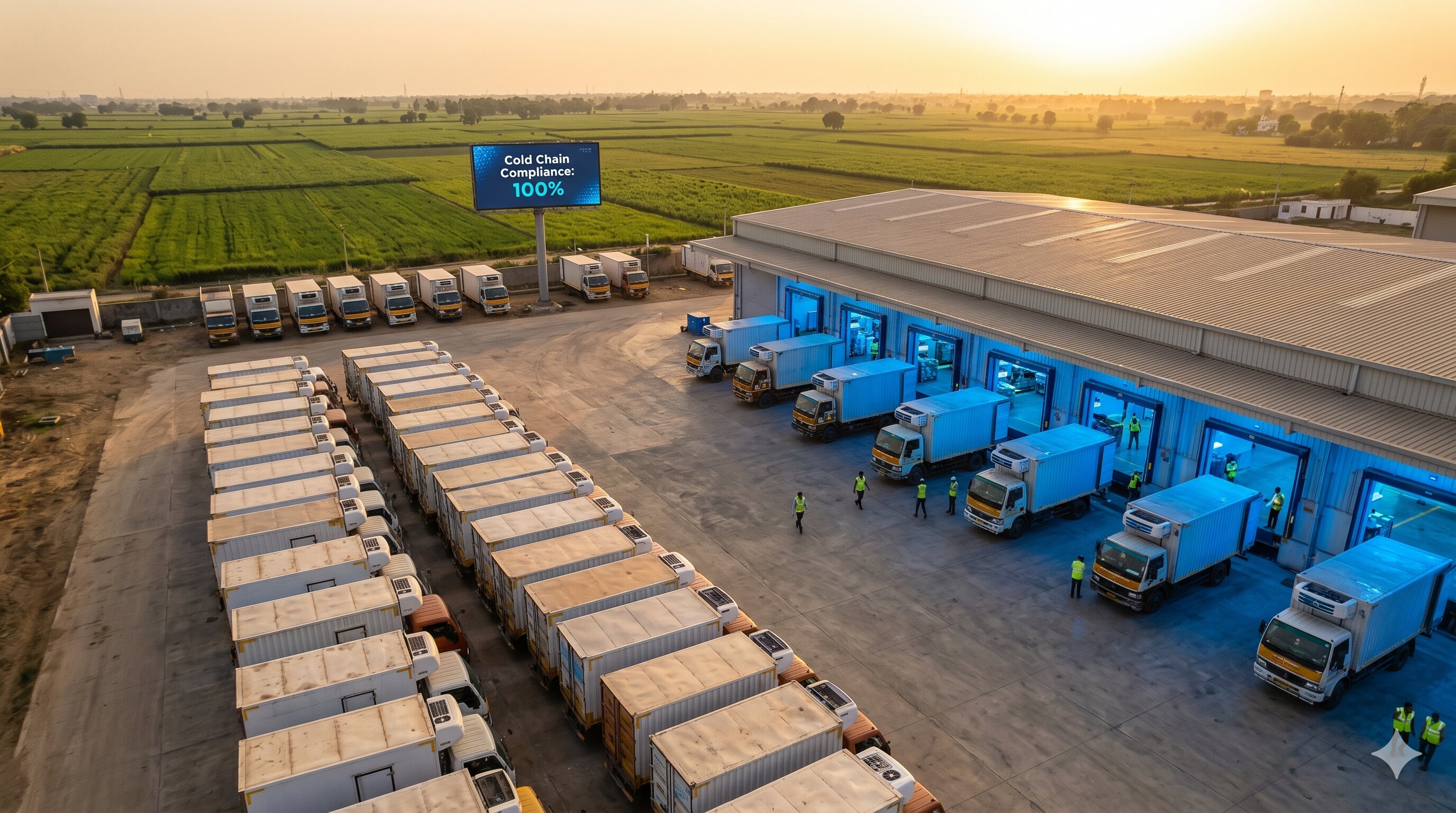 Indian cold chain logistics hub with a refrigerated fleet at golden hour