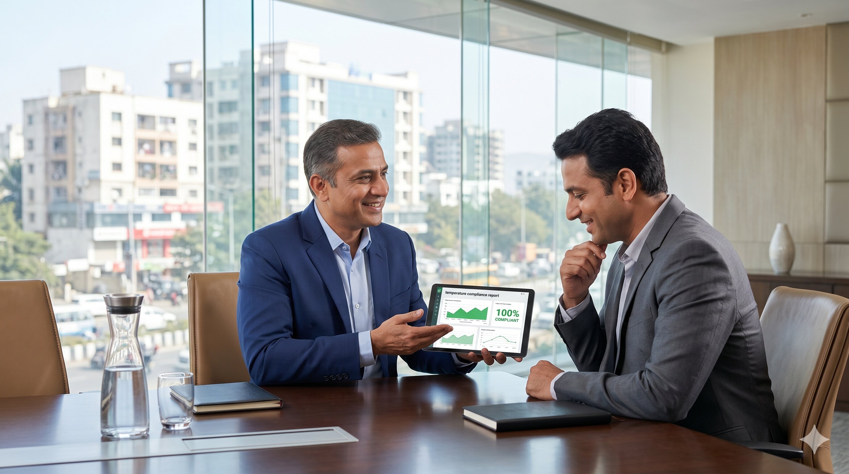 Logistics executive presenting cold chain temperature compliance report to pharma client