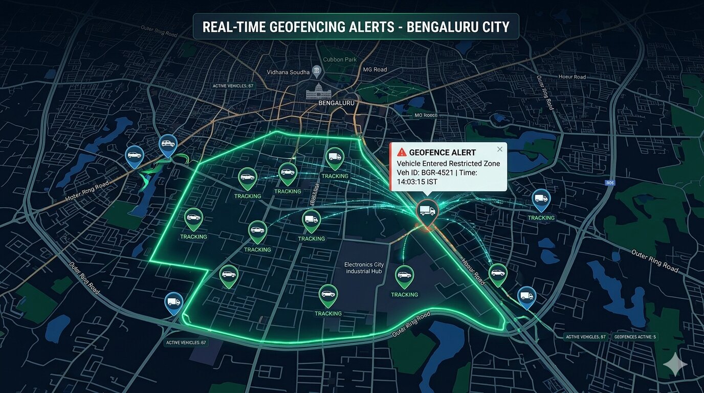 Real-time geofencing alert on Bengaluru map view
