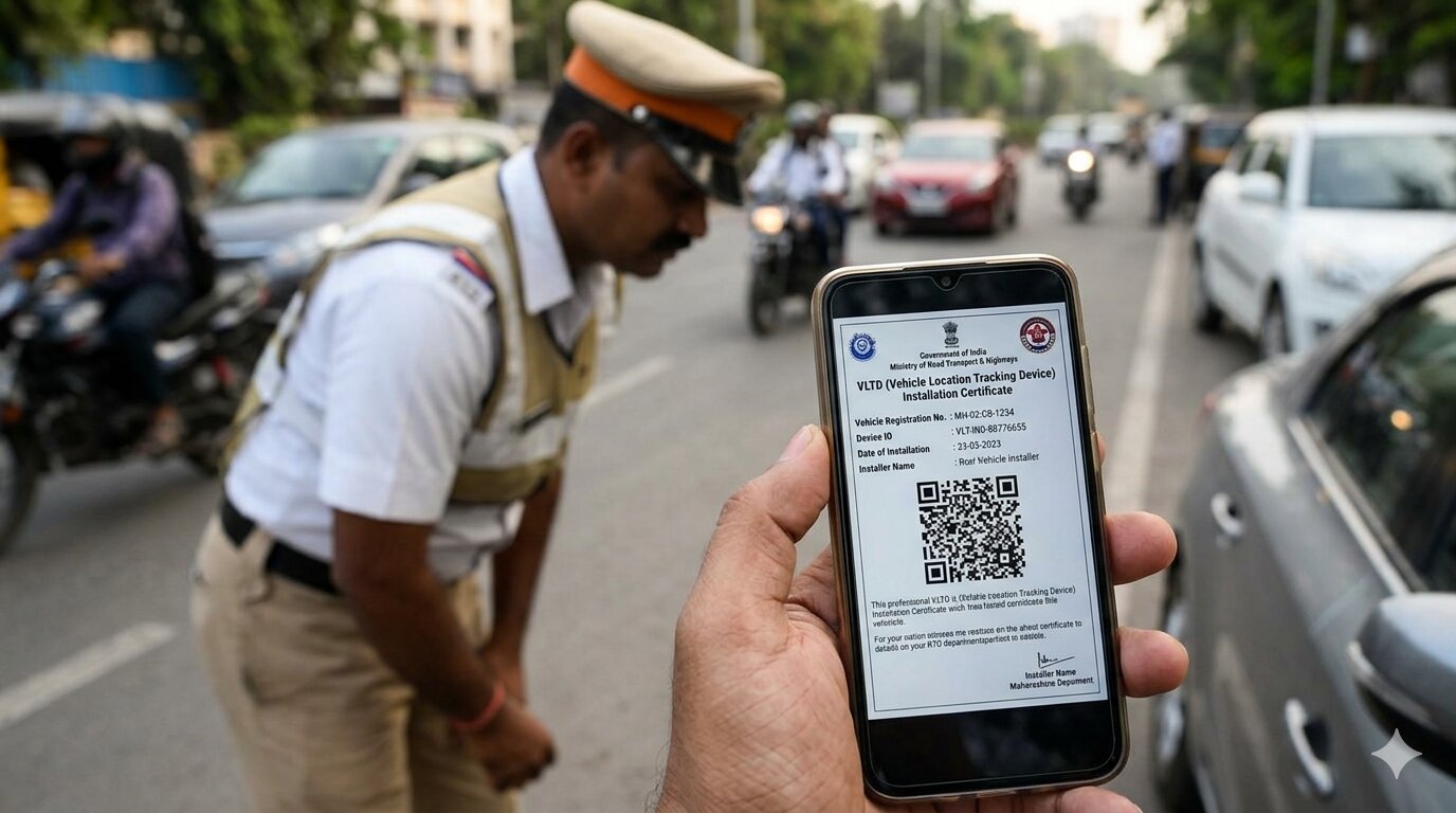 VLTD certificate shown to traffic police on smartphone