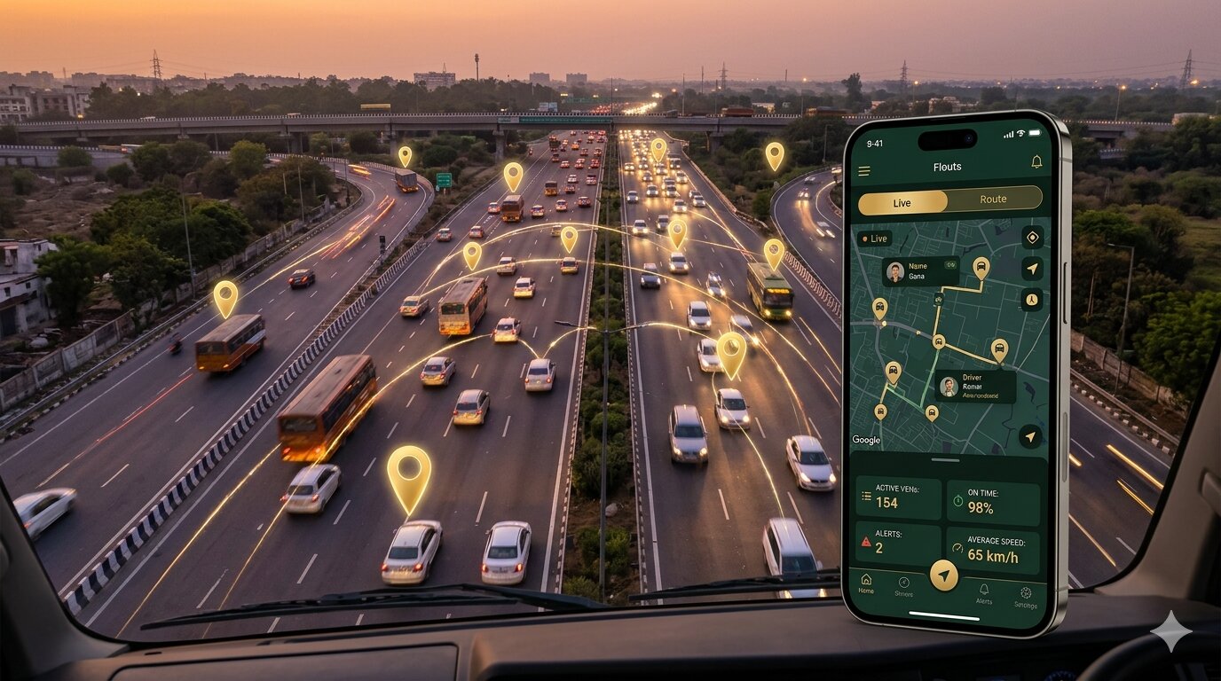 Fleet GPS tracking app on Indian highway at dusk