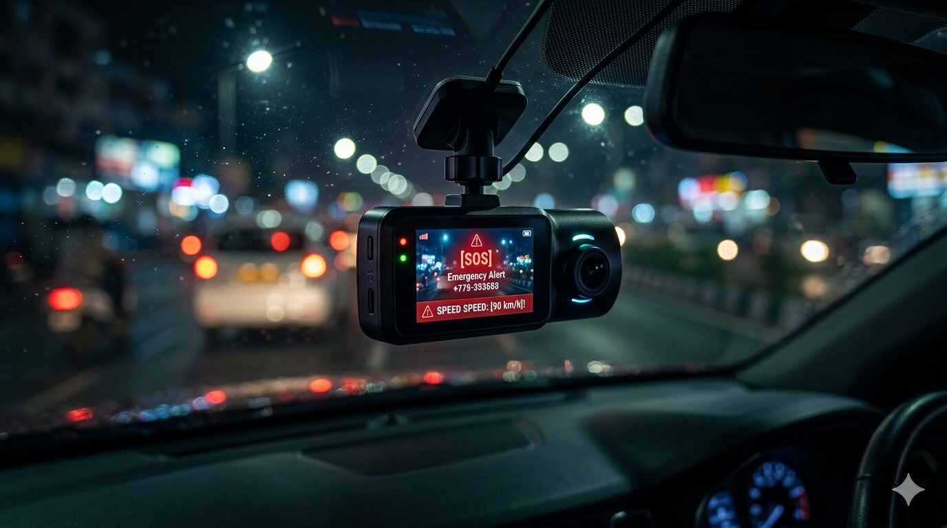 AI dashcam with SOS overspeed alert on vehicle