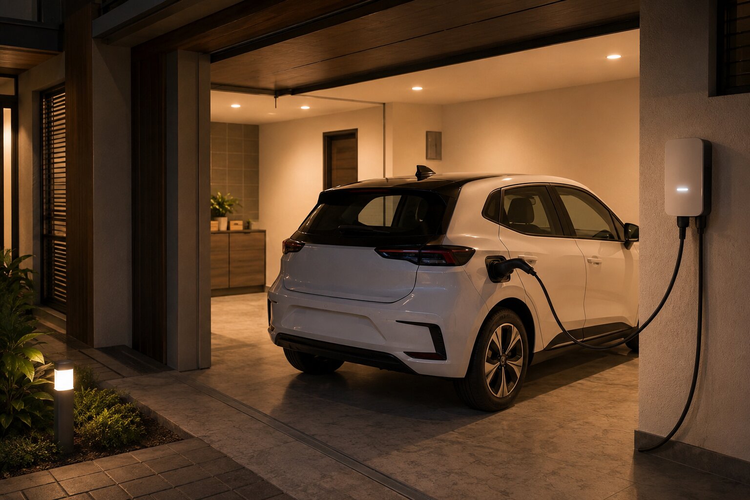 Electric car charging at home garage