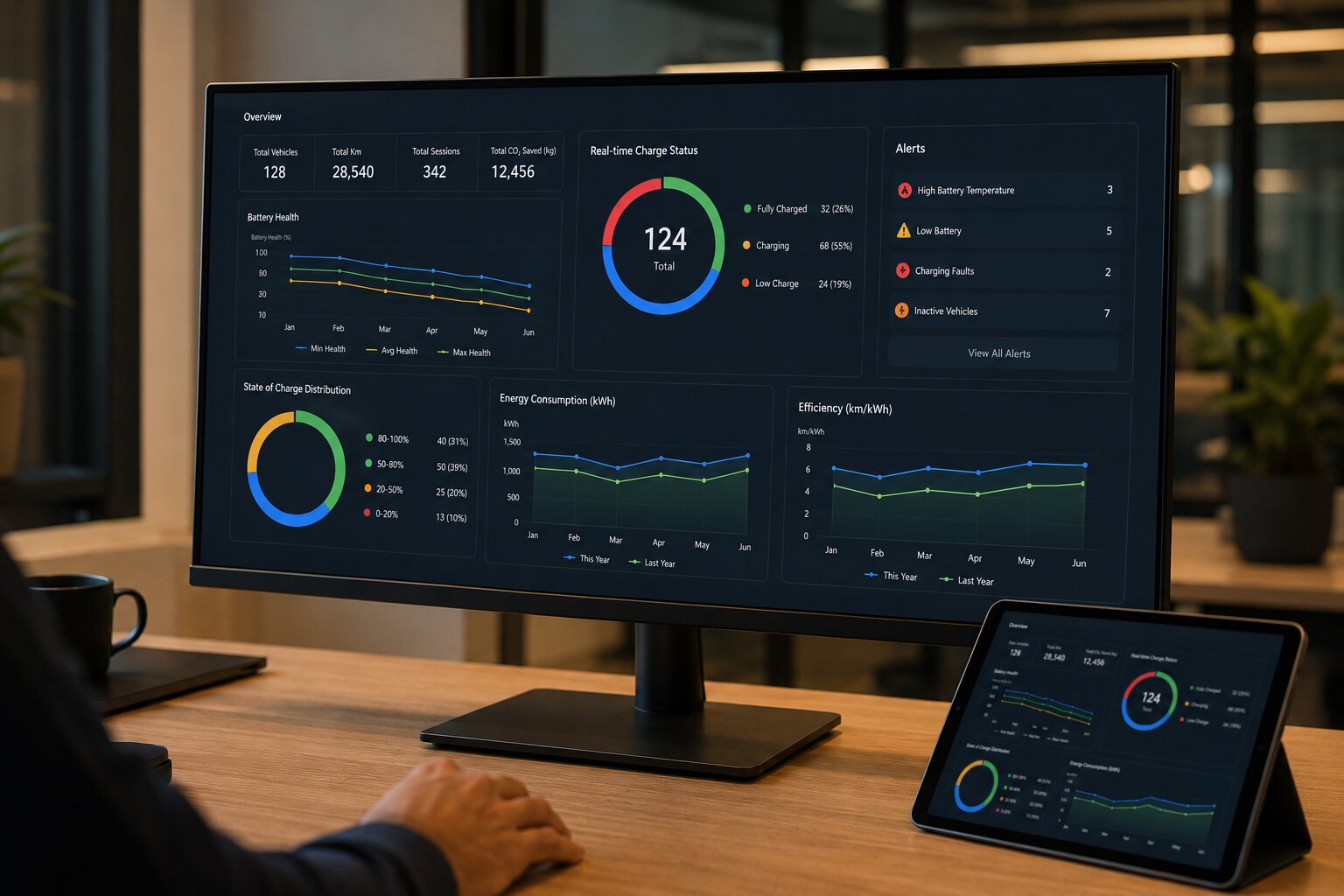 EV battery dashboard on desktop monitor