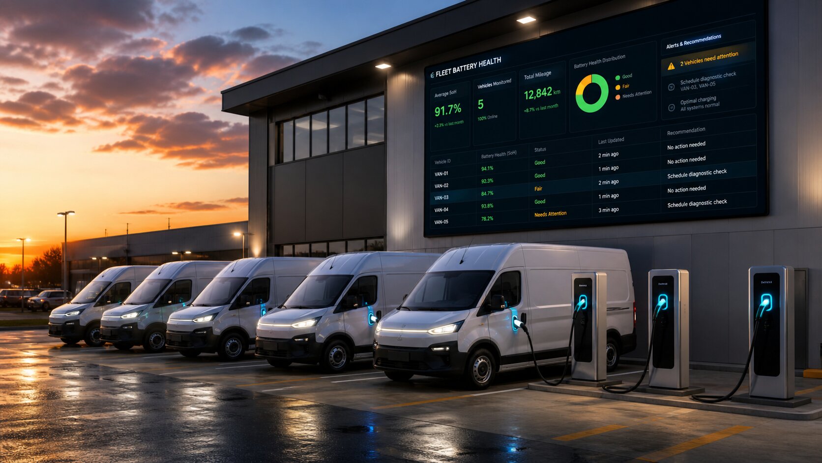 EV fleet battery health monitoring with electric vans charging at a smart fleet depot