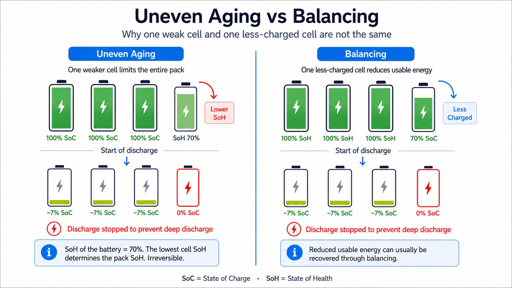 Uneven EV battery aging versus cell balancing infographic showing a weak 70% SoH cell and a less-charged 70% SoC cell