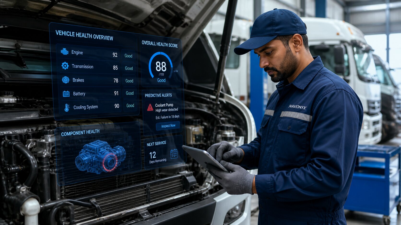 Fleet mechanic inspecting truck engine using tablet with AI predictive maintenance dashboard and vehicle health analytics overlay