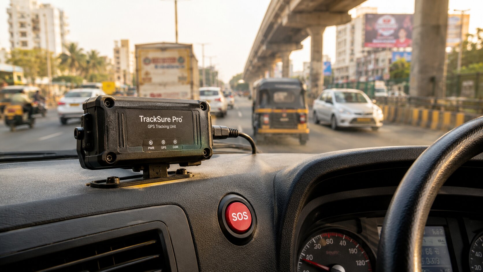 AIS-140 certified VLTD GPS tracking device and SOS panic button for commercial vehicle compliance in India