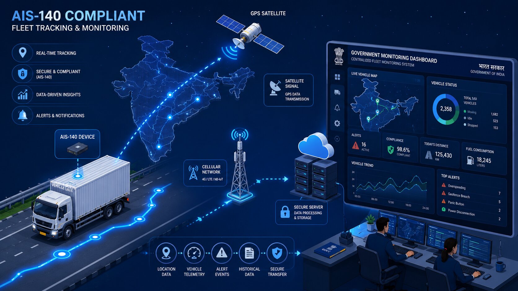 AIS-140 fleet tracking system showing commercial vehicle data transmission to government monitoring dashboard in India
