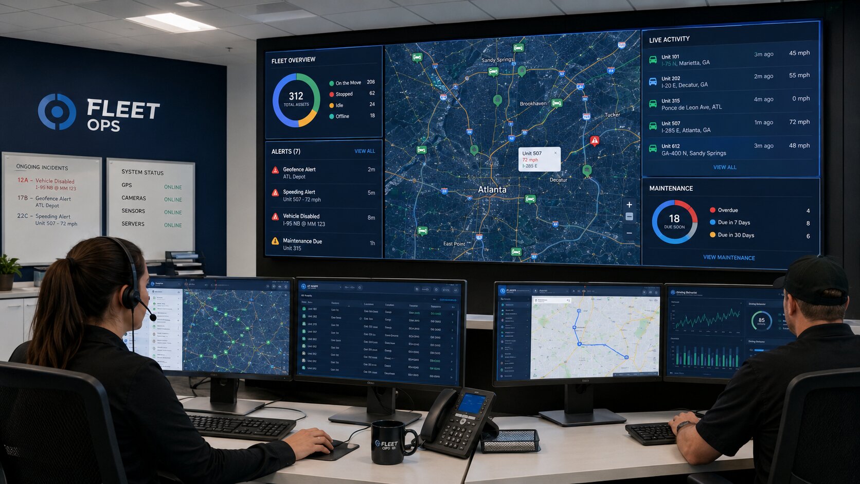 Fleet operations control room with live GPS tracking maps, vehicle route dashboards, and operators monitoring real-time fleet alerts