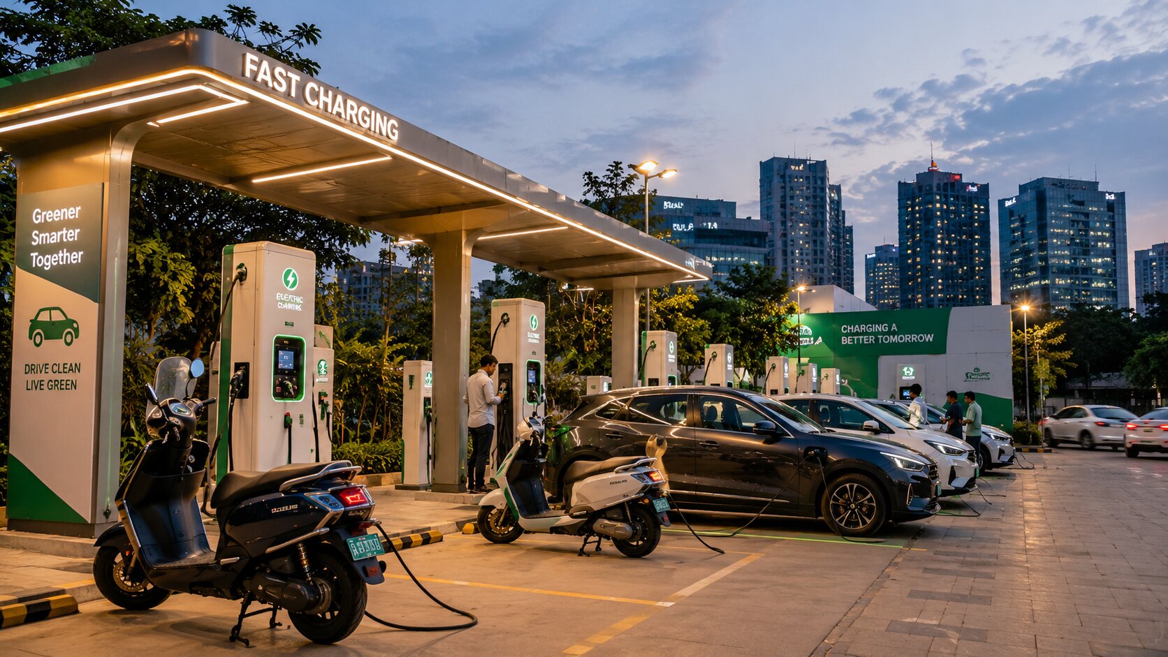 Modern EV charging station in an Indian city with electric scooters and cars charging at dusk.