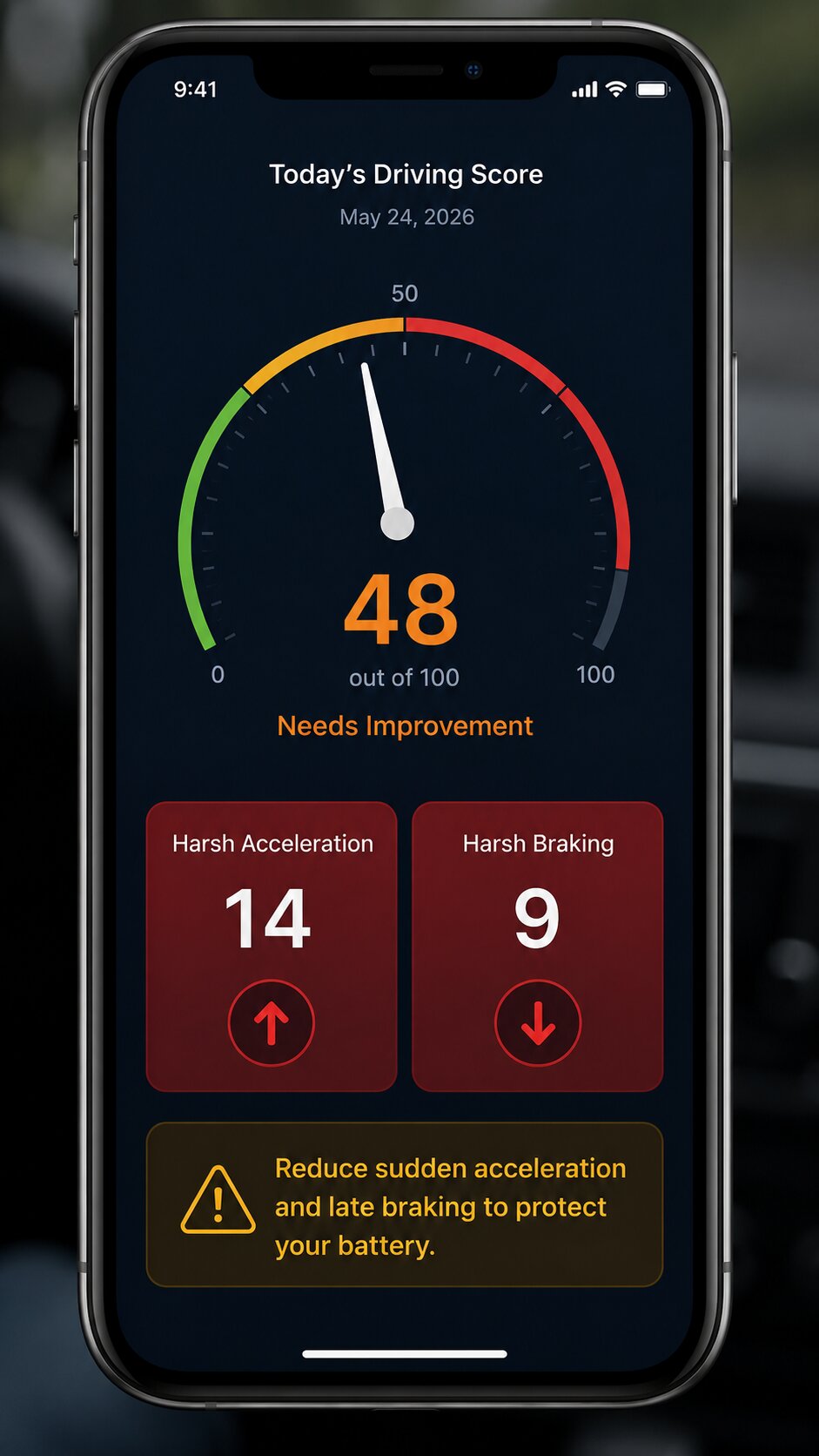 navionyx application showing driving score ev battery