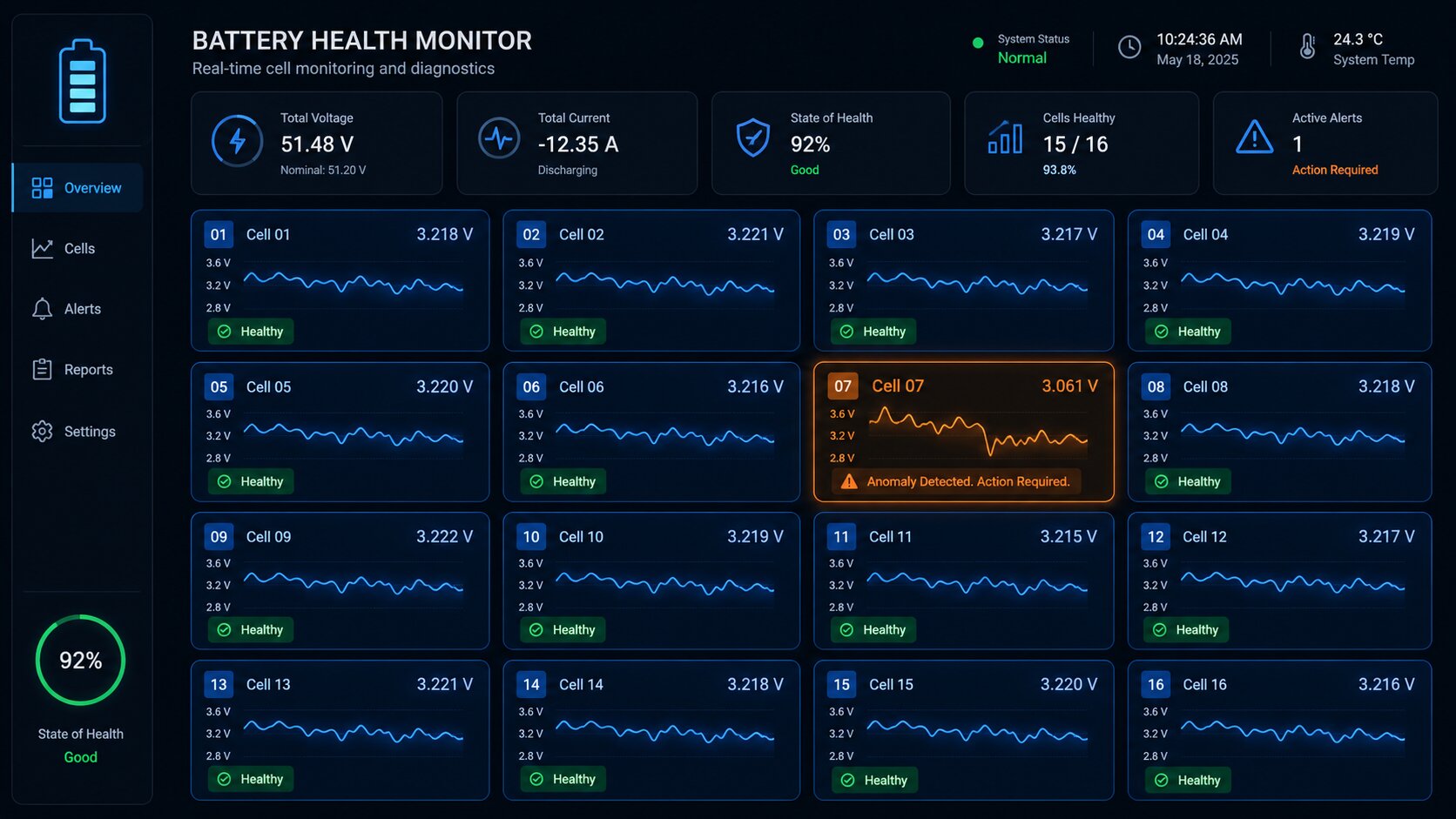 Cell level EV battery monitoring dashboard showing one degraded battery cell with action required alert