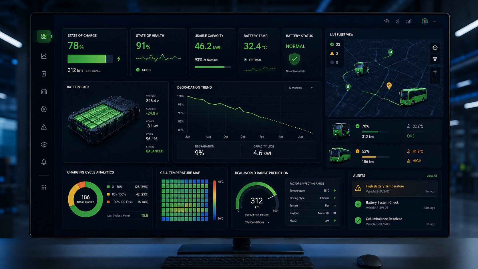 EV battery intelligence dashboard showing battery health fleet analytics India