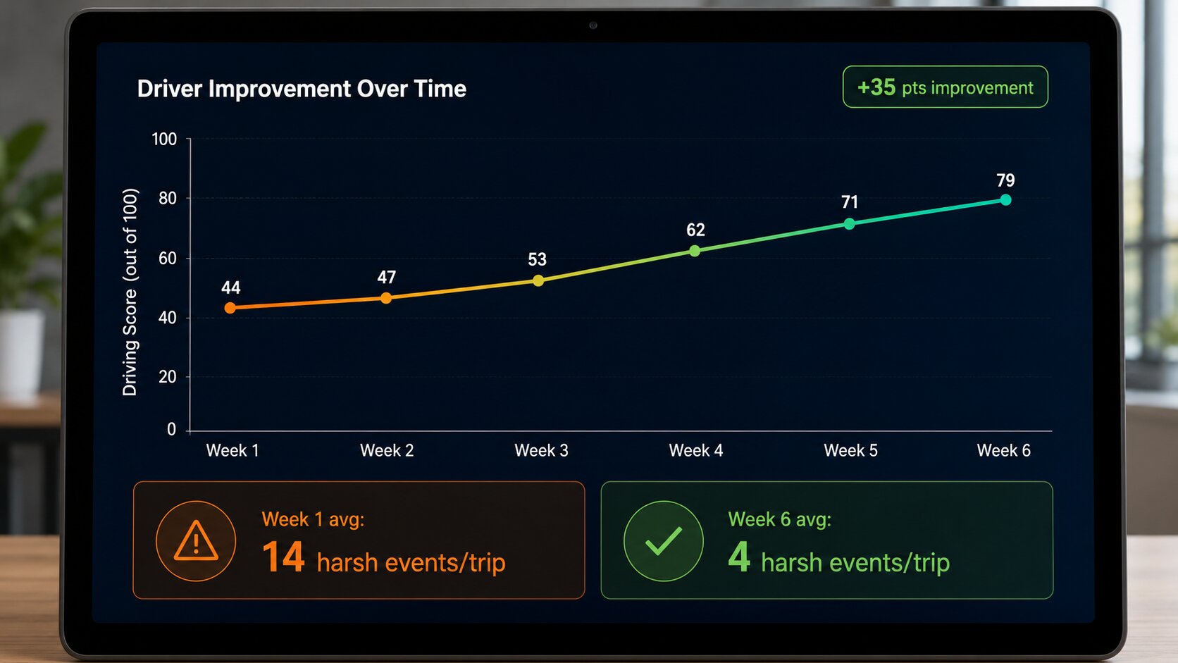 Fleet telematics dashboard displaying driving score improvement and fewer harsh events per trip