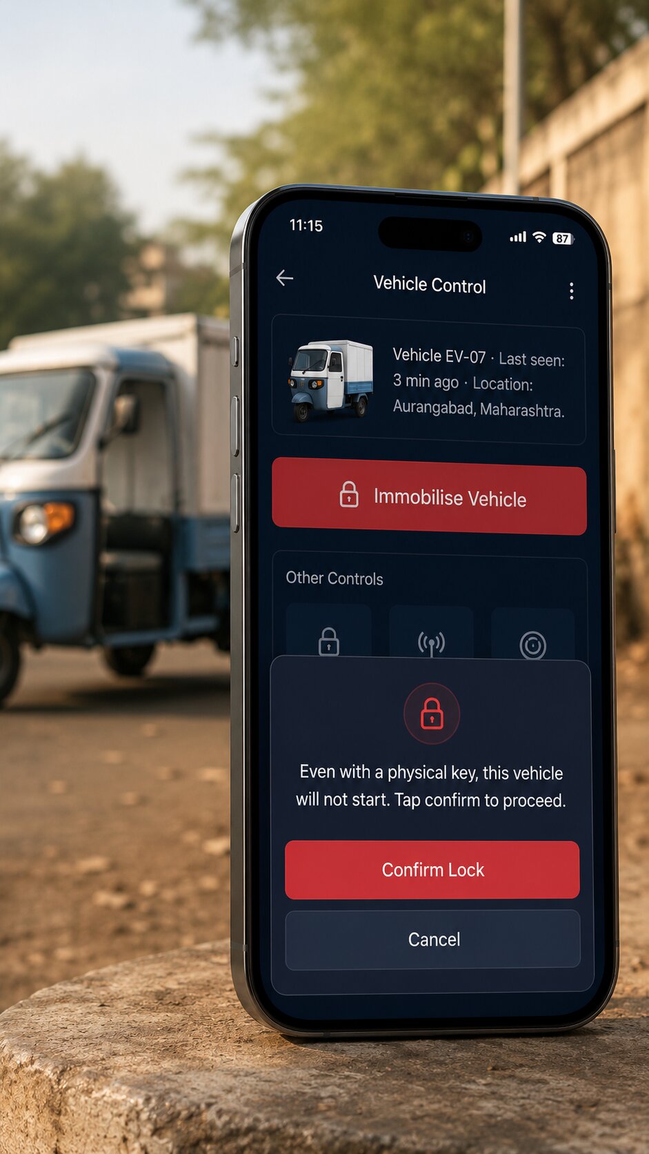Smartphone fleet control app displaying immobilise vehicle option for EV remote security