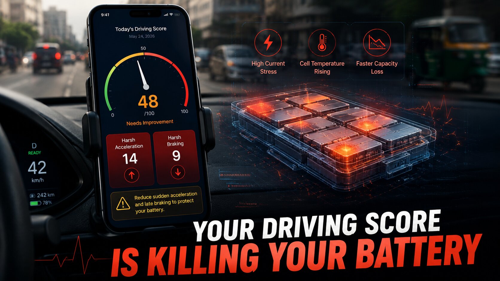 Driving score app showing EV battery degradation risk from harsh acceleration and hard braking