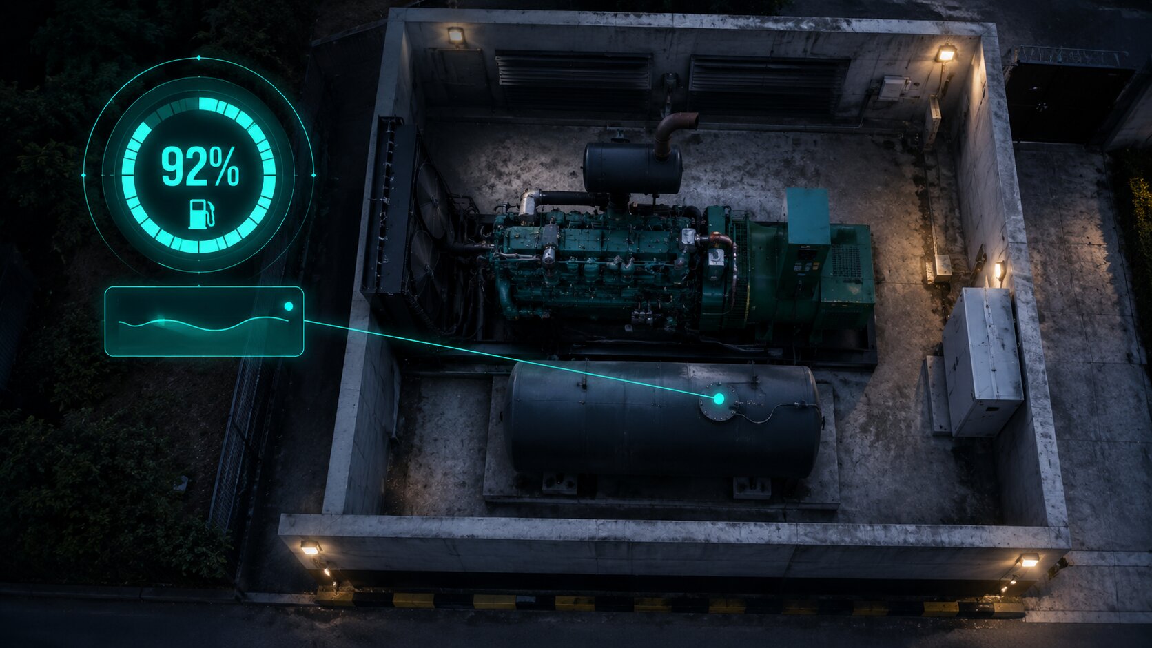 Top-down view of an industrial diesel generator with a teal real-time fuel monitoring HUD showing 92 percent fuel level.