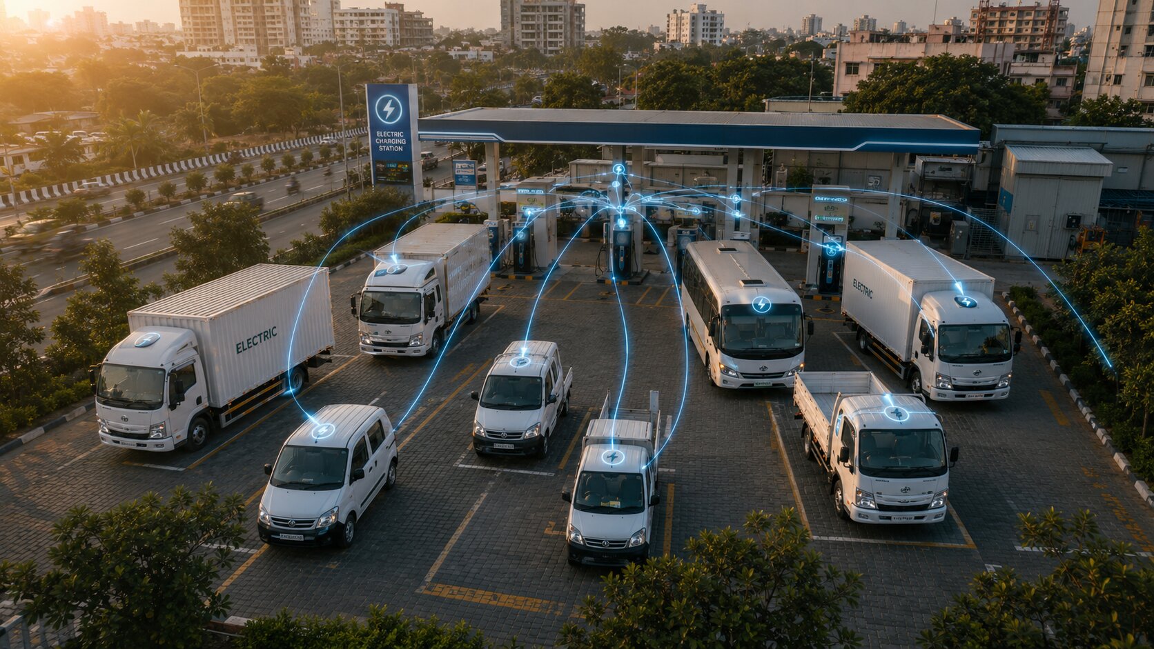 Electric commercial vehicle fleet at Indian EV charging station with telematics tracking lines