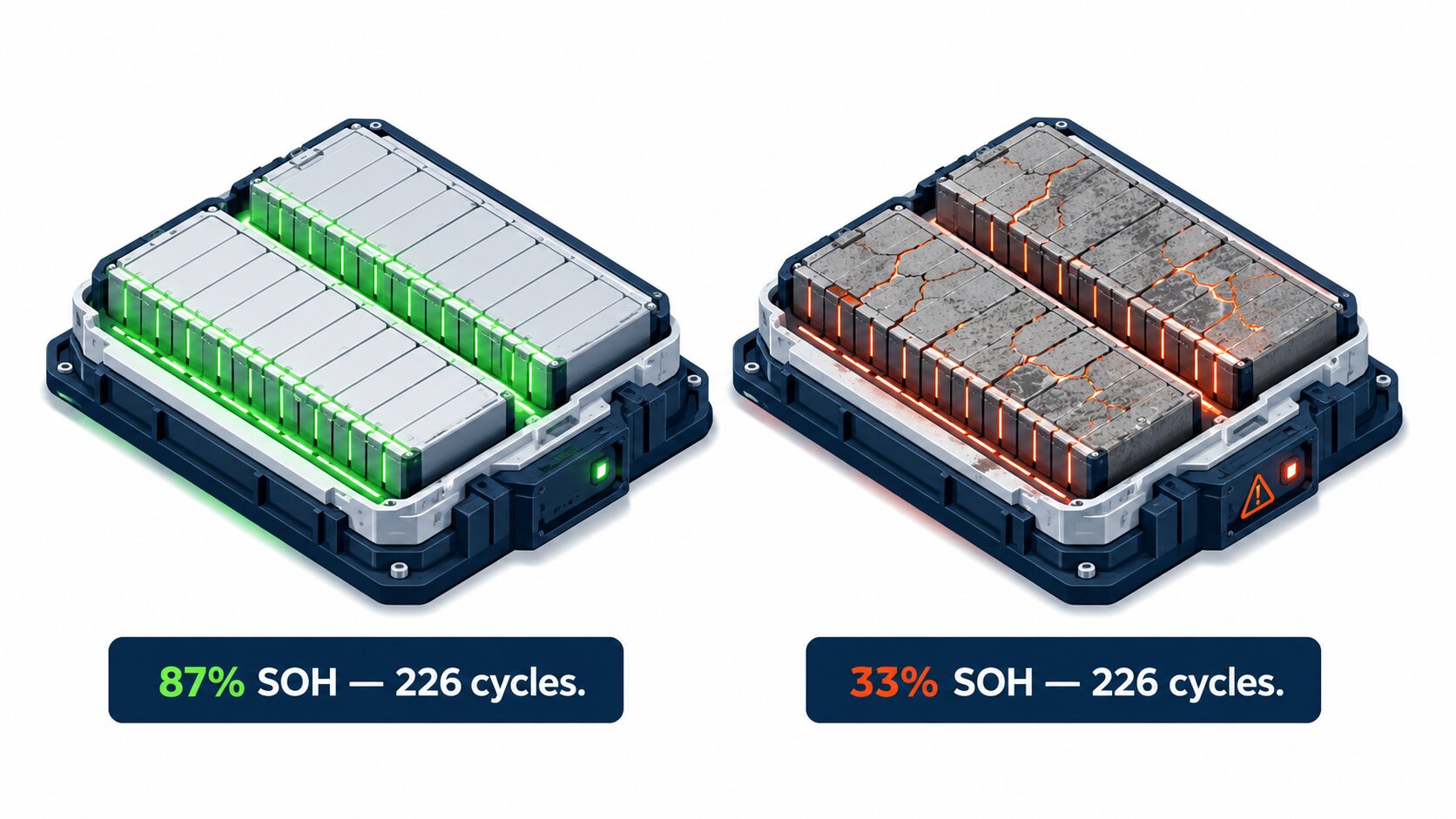 Healthy and degraded EV battery packs compared by SOH after 226 charge cycles