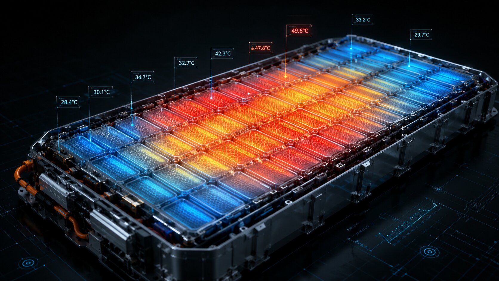 EV battery thermal monitoring with heat visualization and temperature sensor data