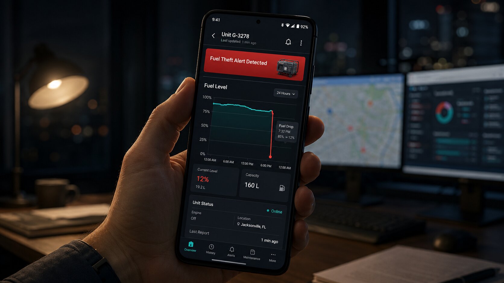 Hand holding a mobile fuel monitoring dashboard showing a fuel theft alert and sharp diesel level drop graph in a dark control room.