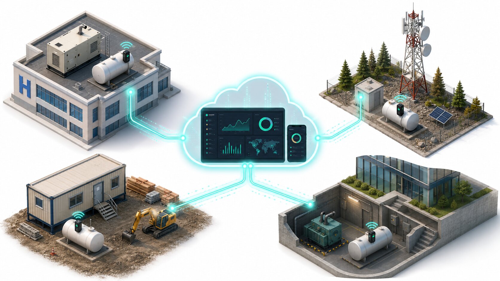 Isometric illustration showing generator fuel monitoring across hospital, telecom tower, construction site, and commercial building connected to a cloud dashboard.