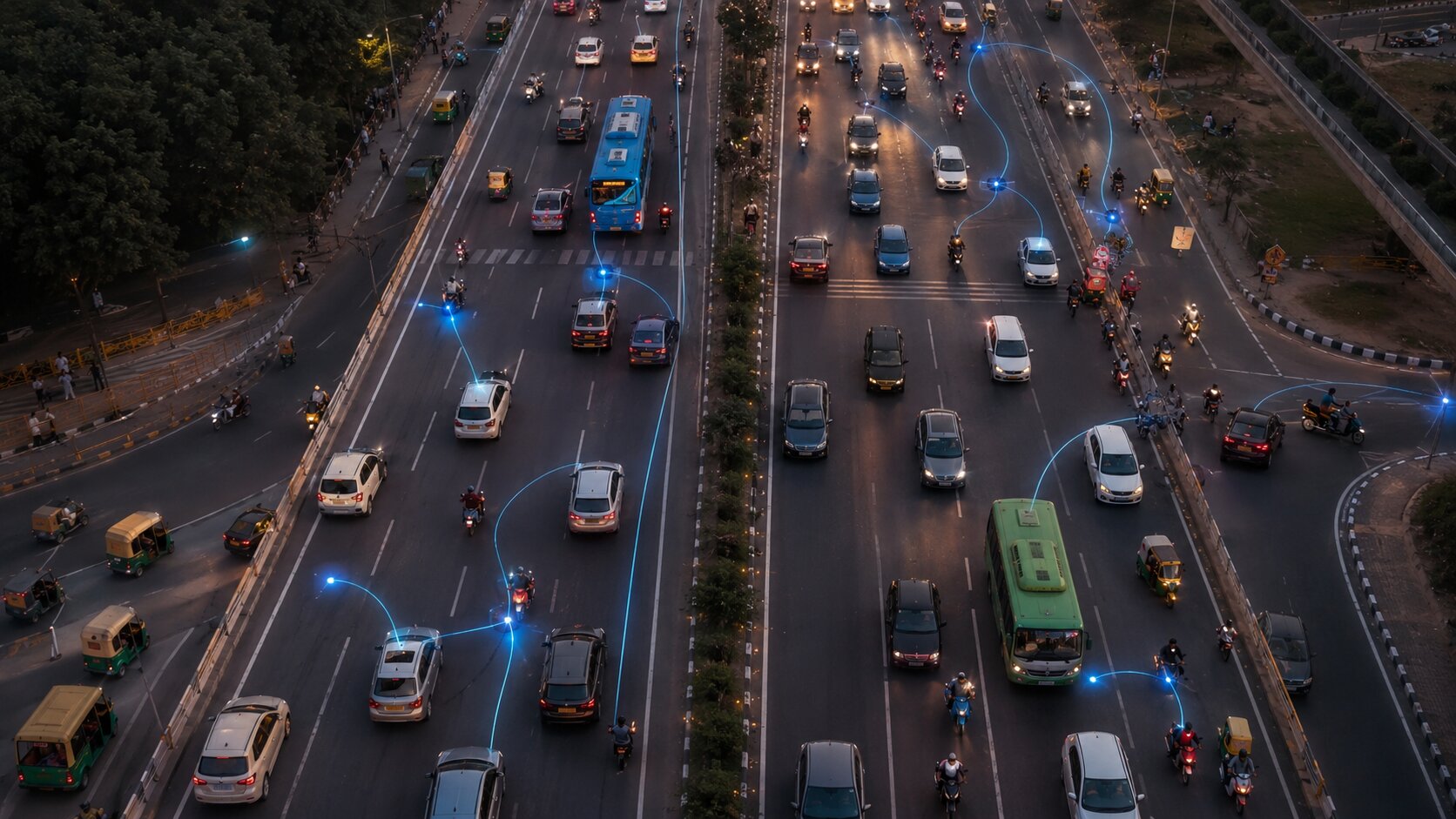 Indian EV highway traffic with connected vehicle GPS route lines.