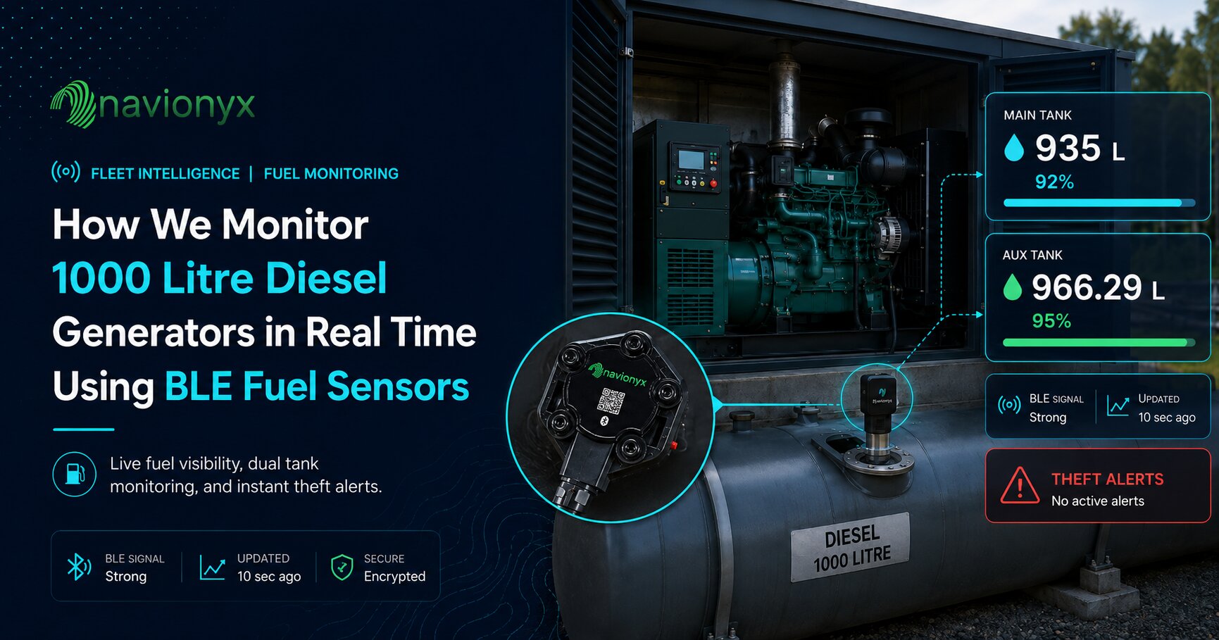 Navionyx BLE fuel sensor installed on diesel generator tank with real-time fuel monitoring dashboard showing 935L and 966.29L tank levels.