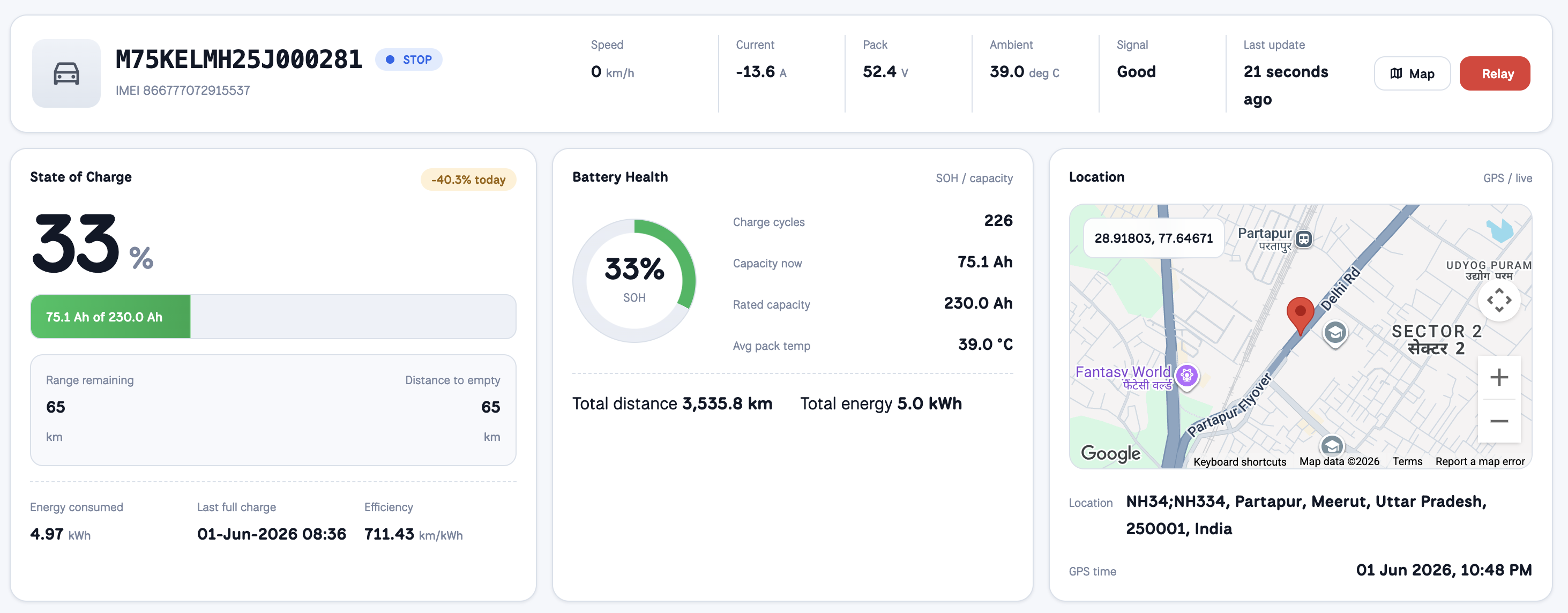 navionyx dashboard showing 33percentage of batter health soh