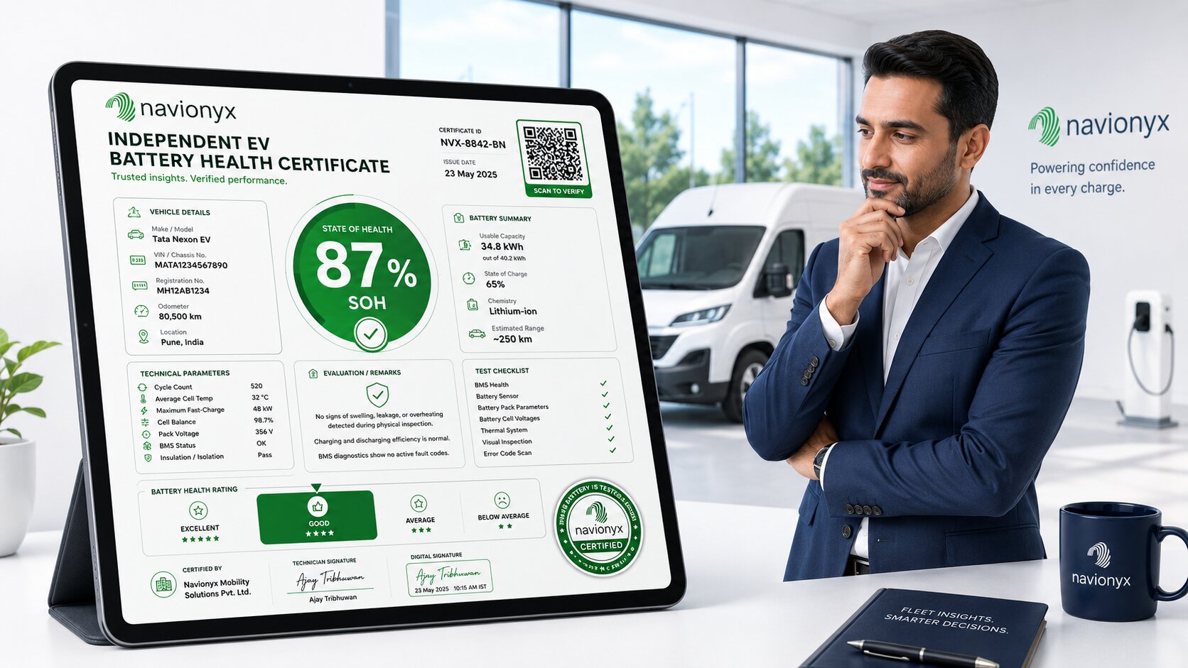 Navionyx EV battery health certificate showing 87 percent SOH on tablet in EV showroom