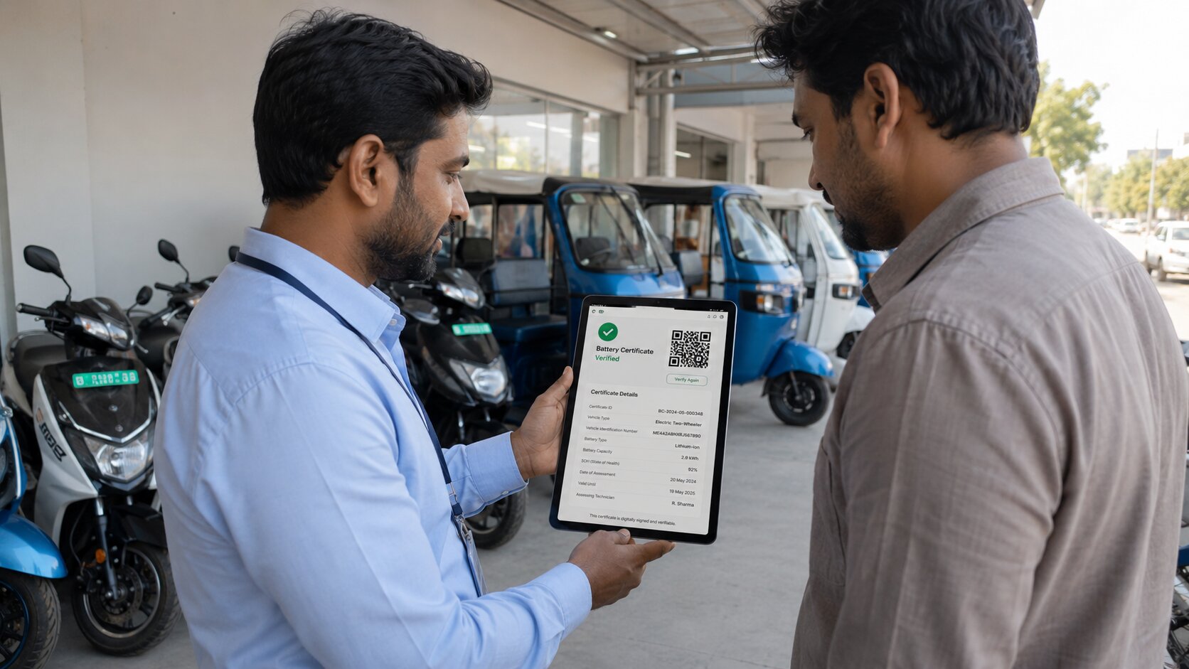 Used EV dealer showing battery health certificate on tablet.