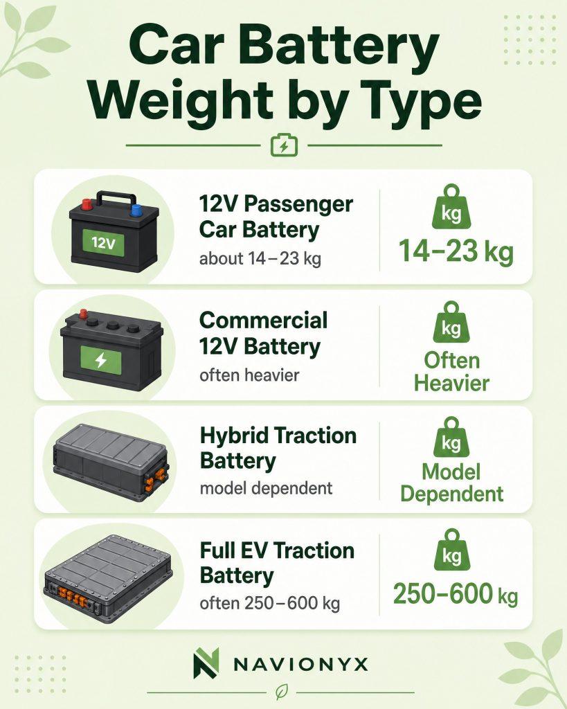 Car Battery Weight by Type: 12V, Hybrid and EV