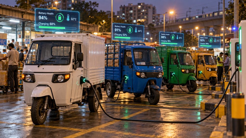 Electric Cargo Three Wheelers with Battery Monitoring at an Indian Charging Hub