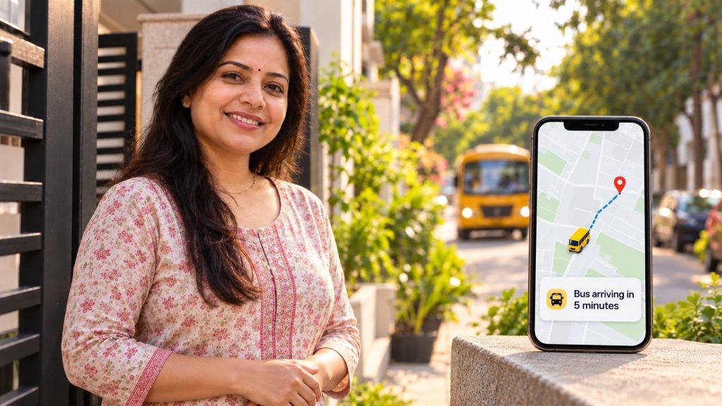 Confident Mother with School Bus Arrival Notification