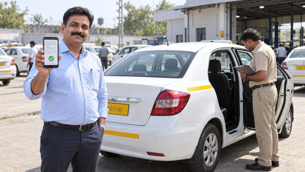 Taxi Owner Showing Digital Certificate at Vehicle Inspection